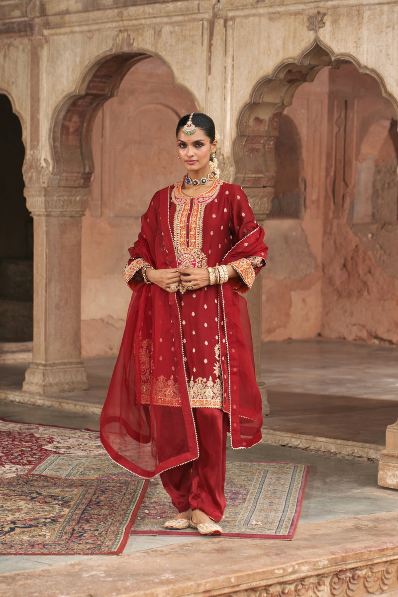 ANILA - DEEP RED SHORT KURTA WITH SALWAR chanderi silk kurta/kurta set by SHEETAL BATRA in red for women in Singapore