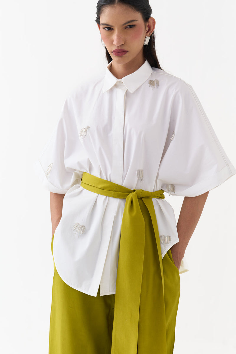 Hand Emb. Detail U-Hem Shirt-White 100% cotton poplin top/shirt by THREE in white for women in Singapore