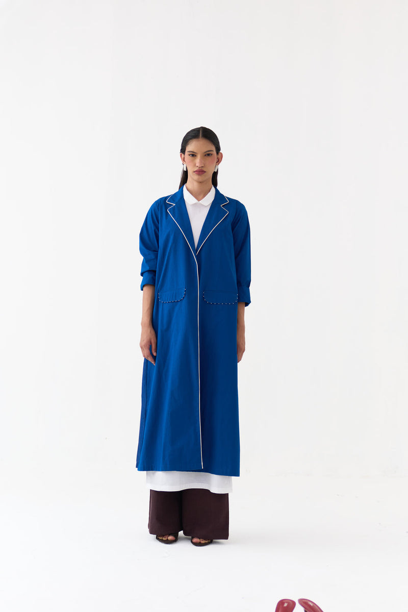 Splash Print Back Pleat Jacket-Cobalt Blue poplin, chanderi jacket/overlay by THREE in blue for women in Singapore