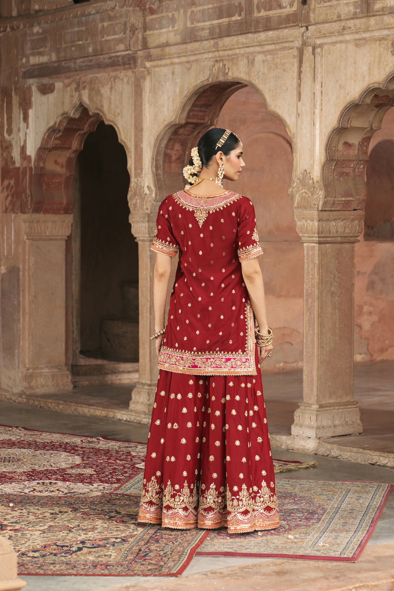 SAMREEN - DEEP RED SHORT KURTA WITH SHARARA AND DUPATTA silk chanderi kurta/kurta set by SHEETAL BATRA in red for women in Singapore