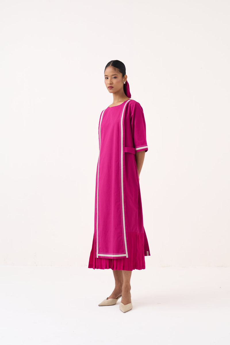Apron Dress-Bright Berry poplin dress by THREE in pink for women in Singapore