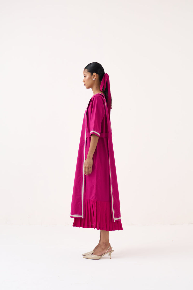 Apron Dress-Bright Berry poplin dress by THREE in pink for women in Singapore