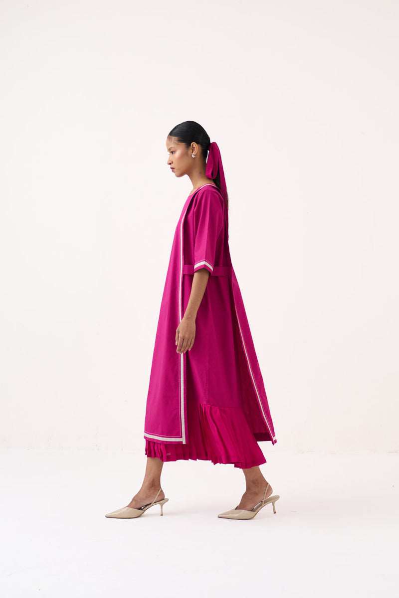 Apron Dress-Bright Berry poplin dress by THREE in pink for women in Singapore