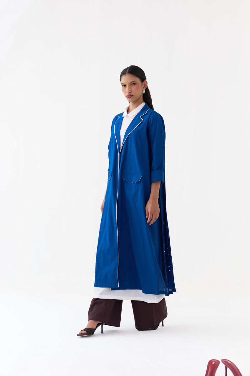 Splash Print Back Pleat Jacket Co-Ord (Set Of 3)-Cobalt Blue poplin co-ord set by THREE in blue for women in Singapore