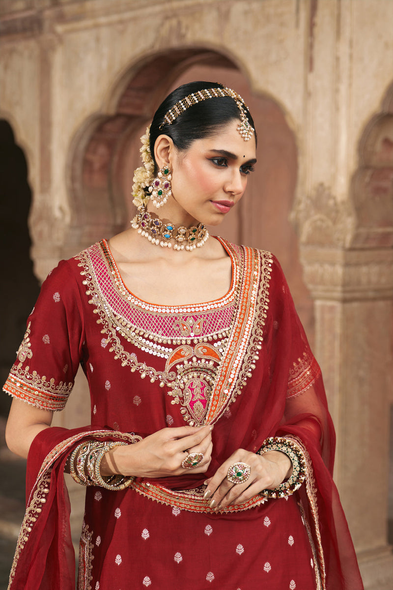 SAMREEN - DEEP RED SHORT KURTA WITH SHARARA AND DUPATTA silk chanderi kurta/kurta set by SHEETAL BATRA in red for women in Singapore