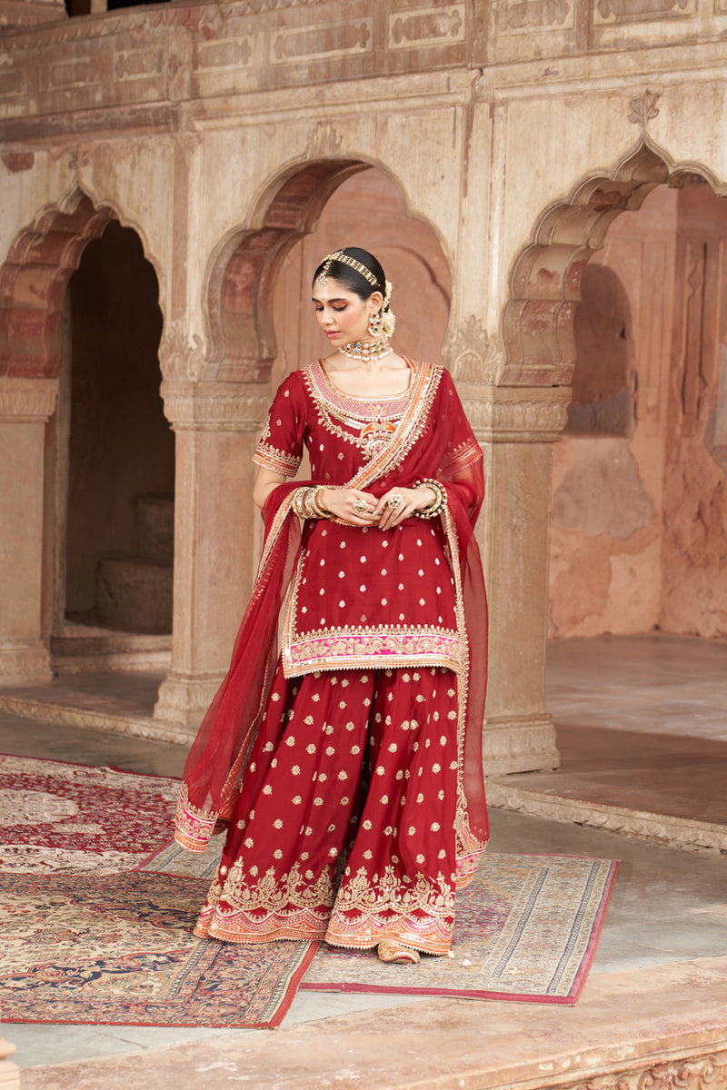 SAMREEN - DEEP RED SHORT KURTA WITH SHARARA AND DUPATTA silk chanderi kurta/kurta set by SHEETAL BATRA in red for women in Singapore