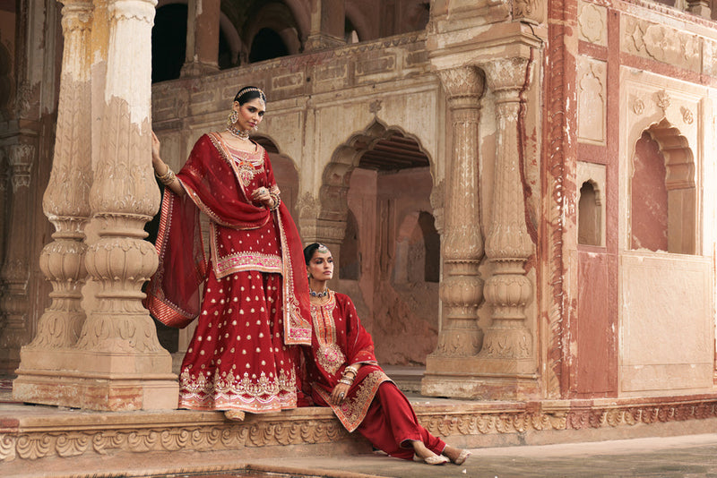 SAMREEN - DEEP RED SHORT KURTA WITH SHARARA AND DUPATTA silk chanderi kurta/kurta set by SHEETAL BATRA in red for women in Singapore