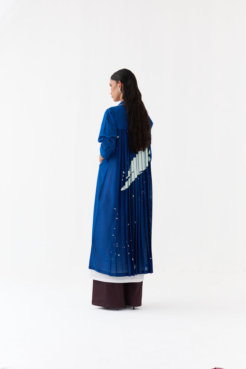 Splash Print Back Pleat Jacket-Cobalt Blue poplin, chanderi jacket/overlay by THREE in blue for women in Singapore