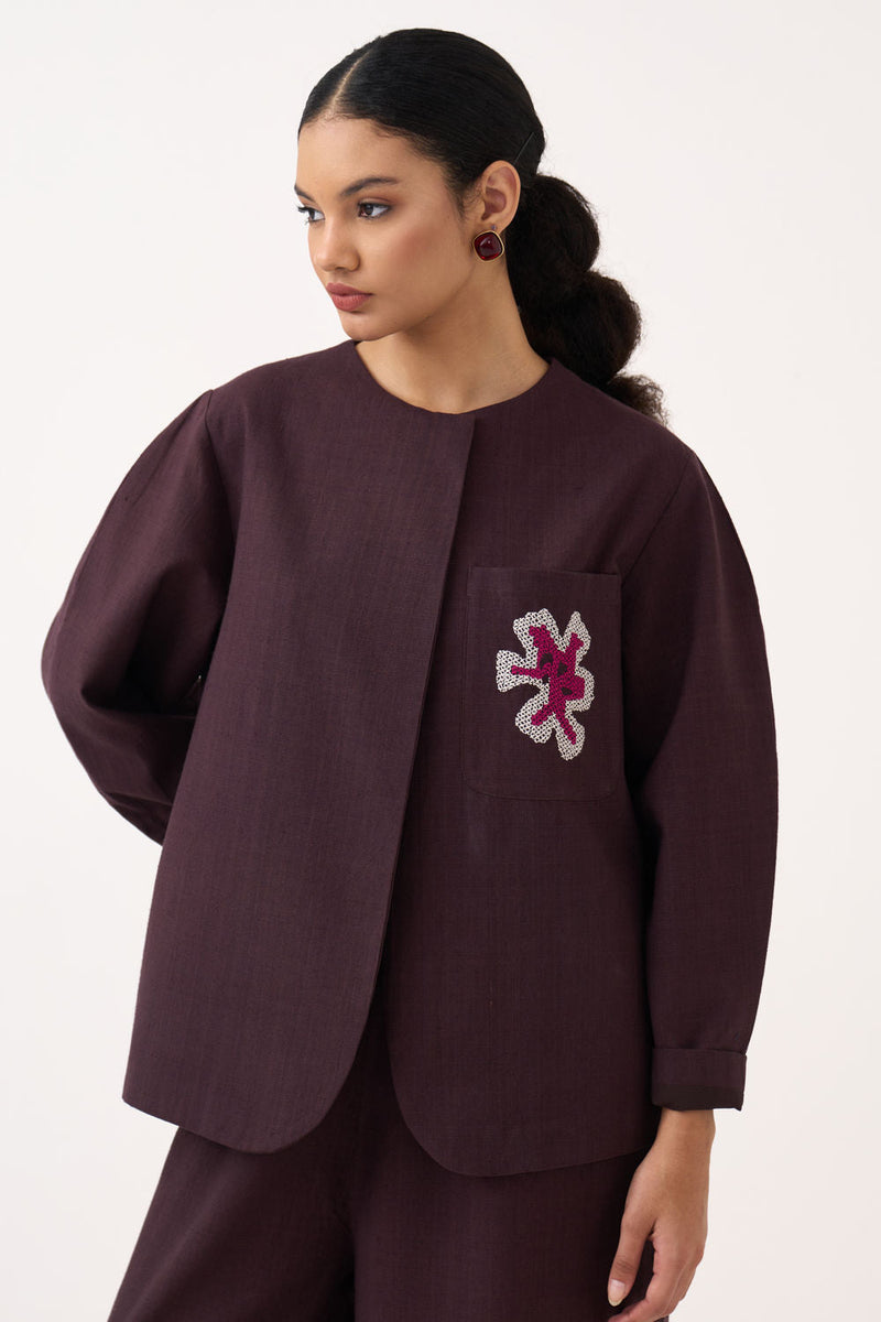 Embroidered Contour Overlay-Dark Brown handwoven cotton jacket/overlay by THREE in brown for women in Singapore