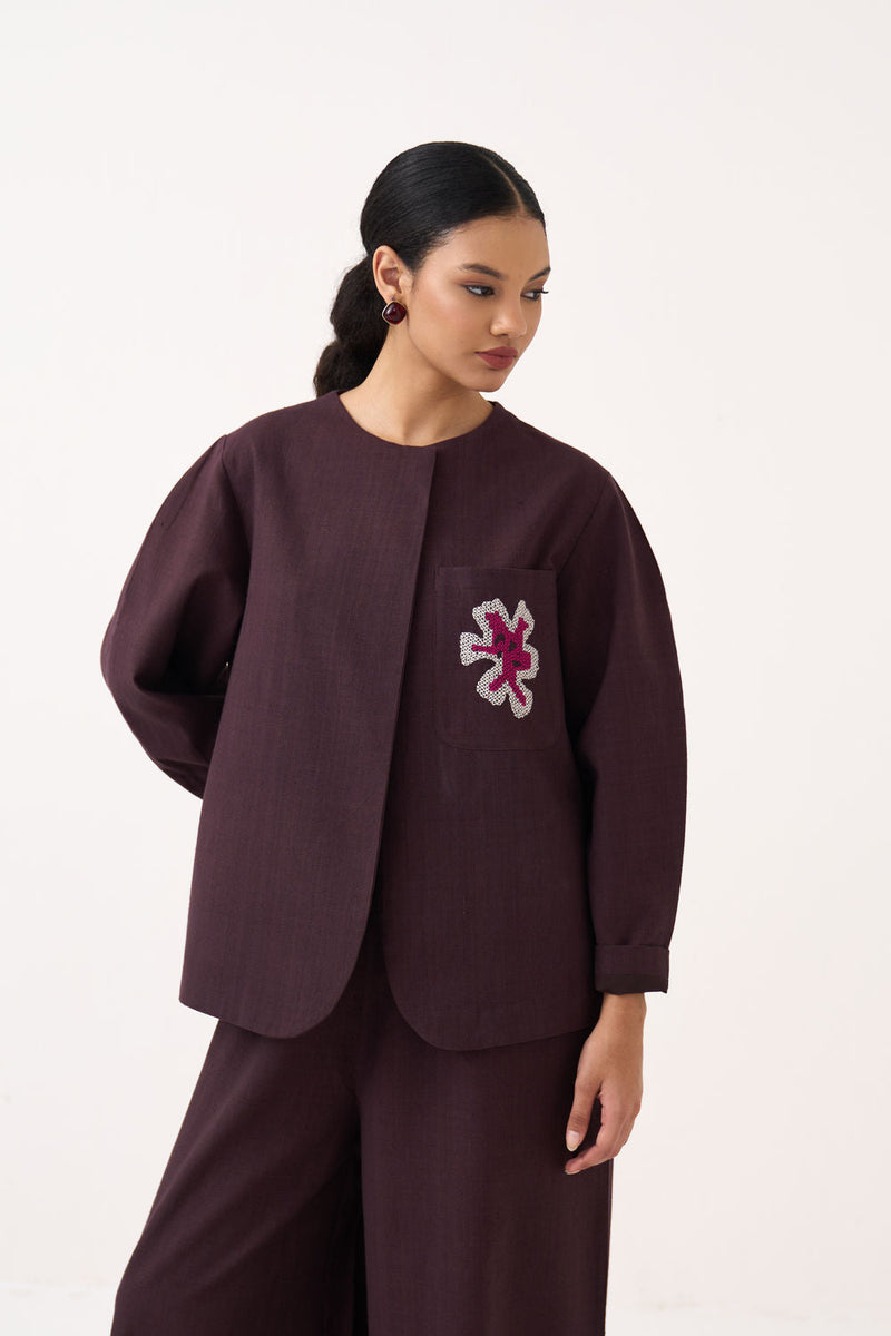 Embroidered Contour Overlay-Dark Brown handwoven cotton jacket/overlay by THREE in brown for women in Singapore