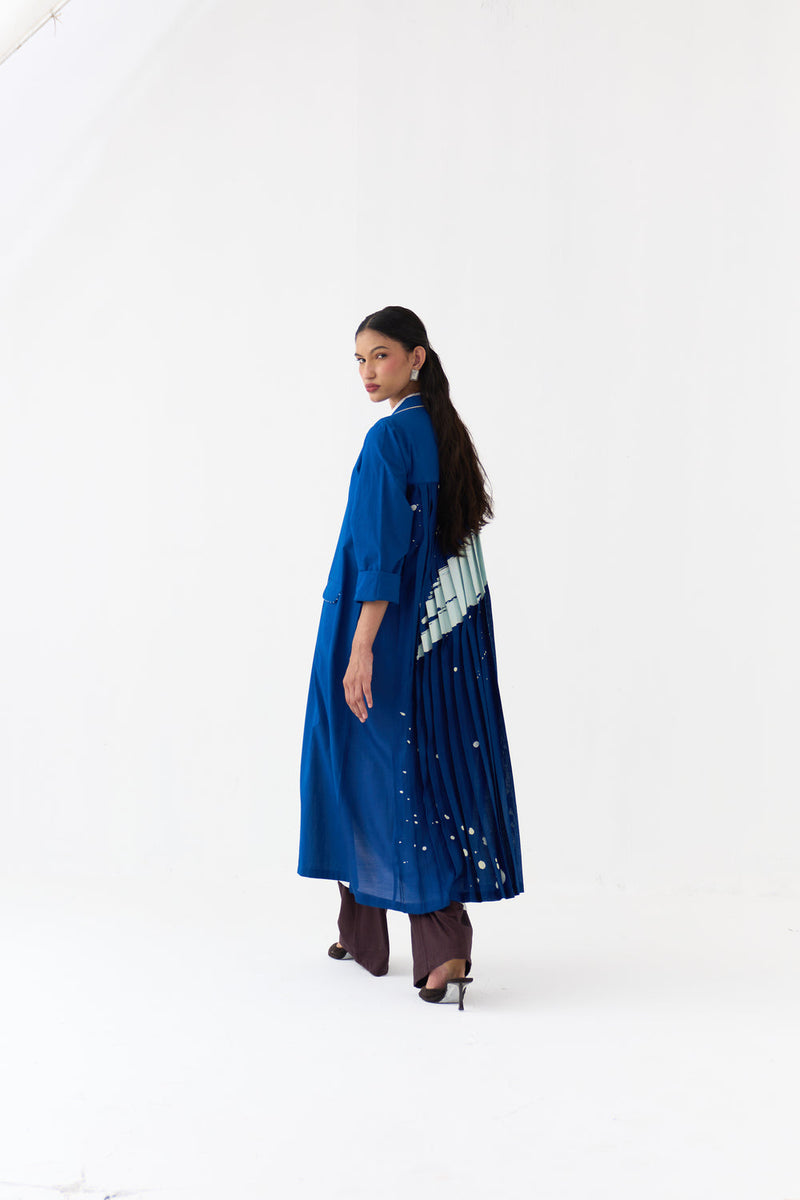 Splash Print Back Pleat Jacket-Cobalt Blue poplin, chanderi jacket/overlay by THREE in blue for women in Singapore