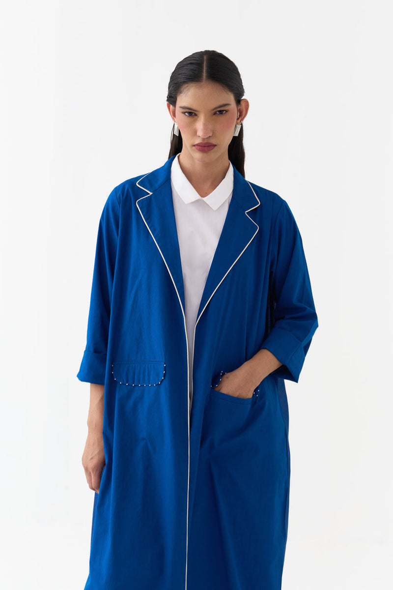 Splash Print Back Pleat Jacket-Cobalt Blue poplin, chanderi jacket/overlay by THREE in blue for women in Singapore