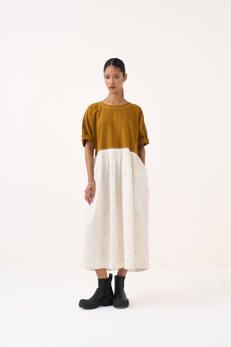 Yoke Gather Polka Dress-Honey Mustard handwoven cotton dress by THREE in honey mustard for women in Singapore