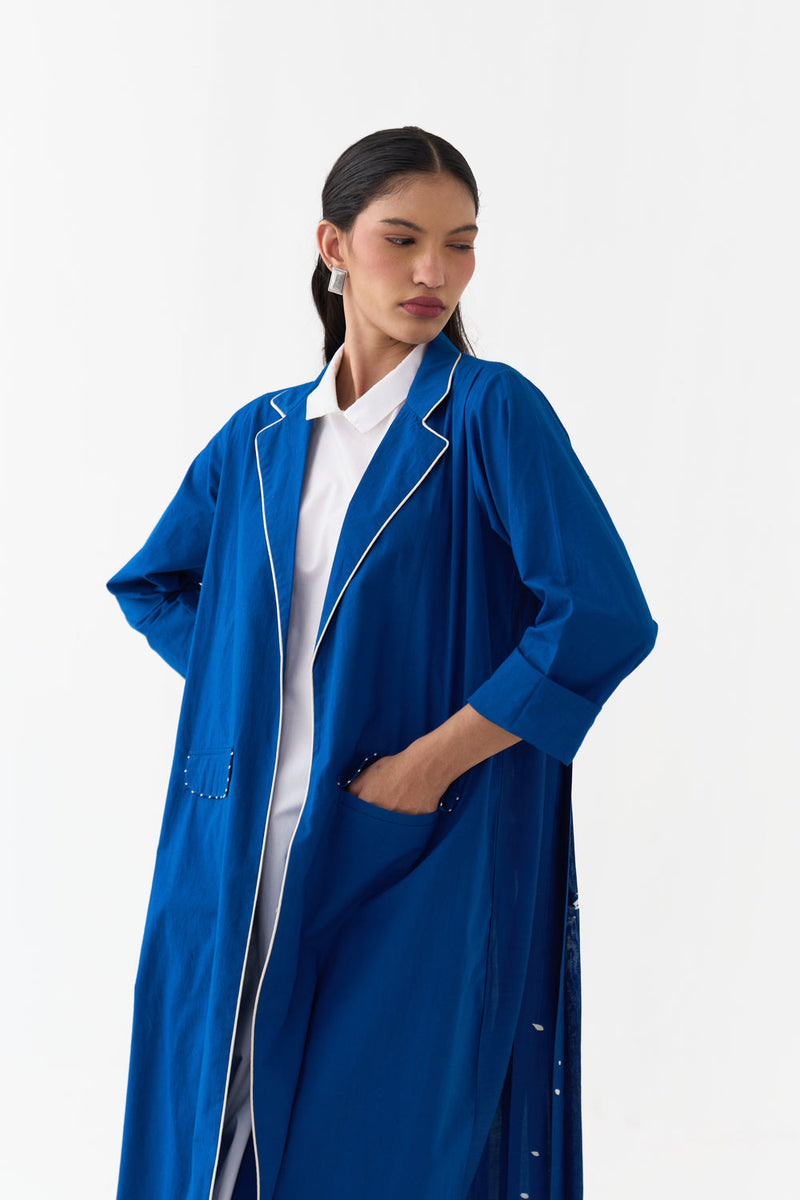 Splash Print Back Pleat Jacket-Cobalt Blue poplin, chanderi jacket/overlay by THREE in blue for women in Singapore