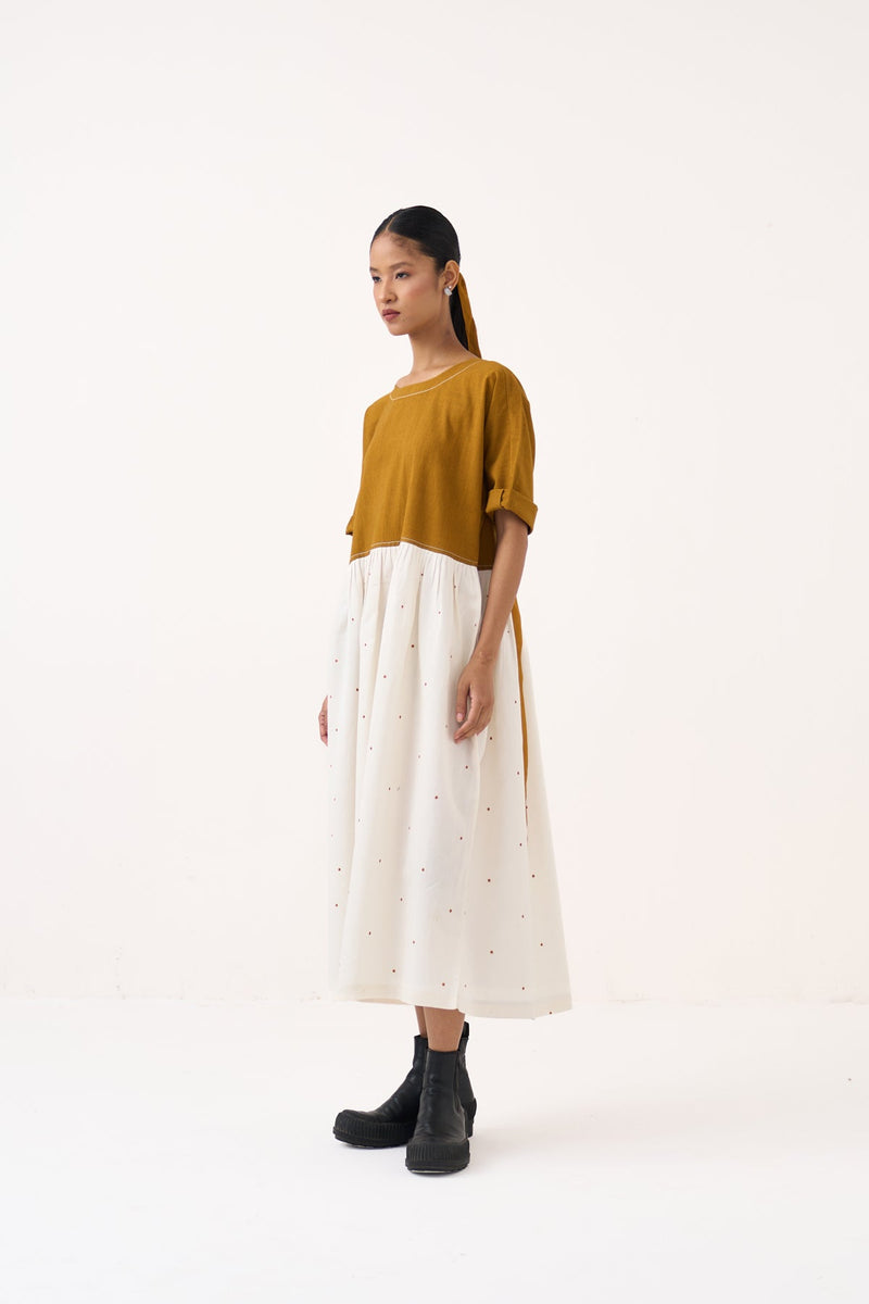 Yoke Gather Polka Dress-Honey Mustard handwoven cotton dress by THREE in honey mustard for women in Singapore