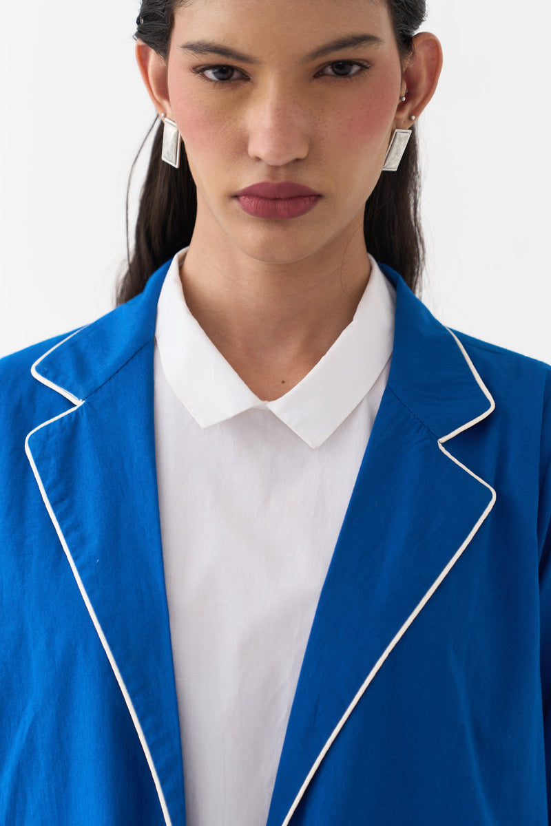 Splash Print Back Pleat Jacket-Cobalt Blue poplin, chanderi jacket/overlay by THREE in blue for women in Singapore