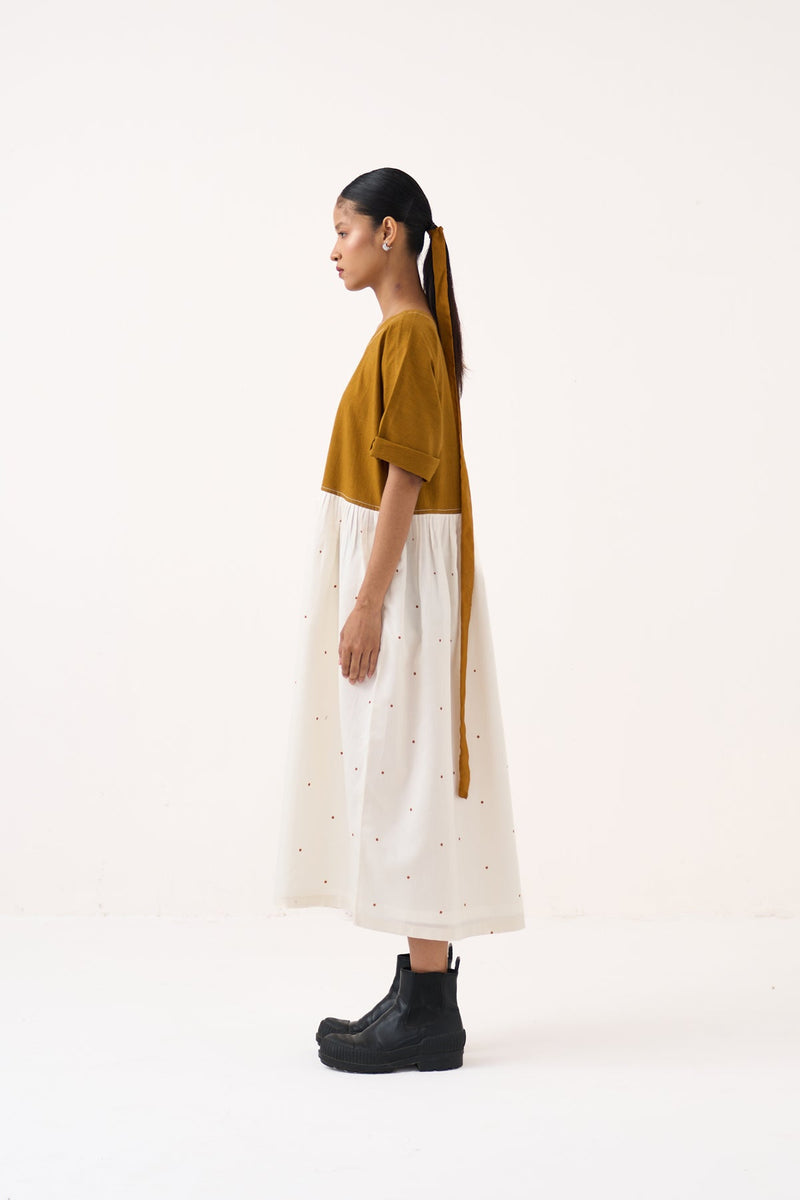 Yoke Gather Polka Dress-Honey Mustard handwoven cotton dress by THREE in honey mustard for women in Singapore