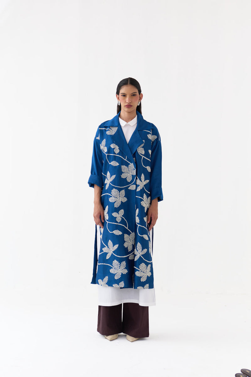 Floral All Over Emb. Overlay Co-Ord-Cobalt Blue chanderi, poplin co-ord set by THREE in blue for women in Singapore