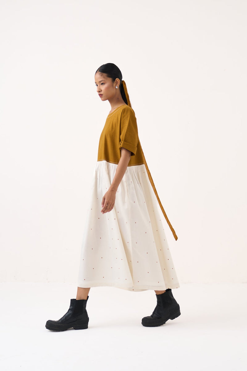 Yoke Gather Polka Dress-Honey Mustard handwoven cotton dress by THREE in honey mustard for women in Singapore