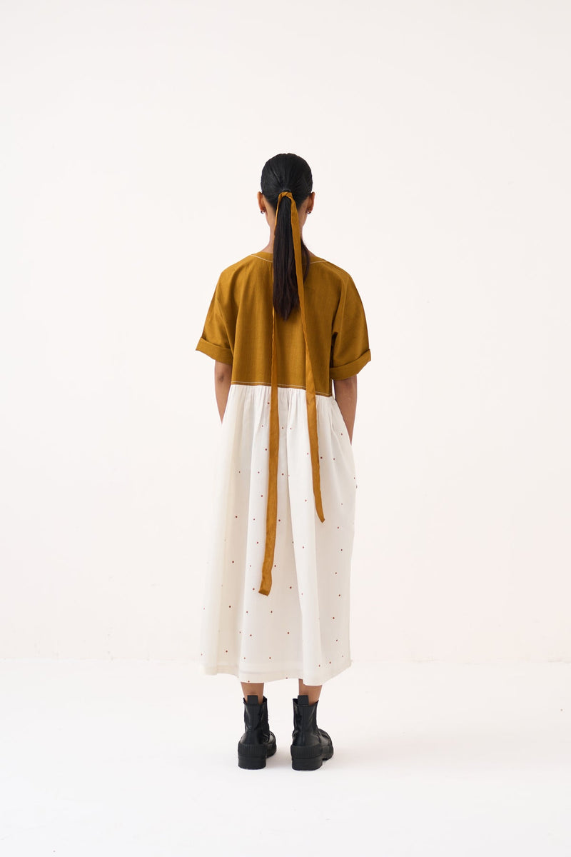 Yoke Gather Polka Dress-Honey Mustard handwoven cotton dress by THREE in honey mustard for women in Singapore