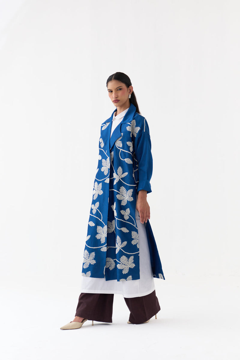 Floral All Over Emb. Overlay Co-Ord-Cobalt Blue chanderi, poplin co-ord set by THREE in blue for women in Singapore