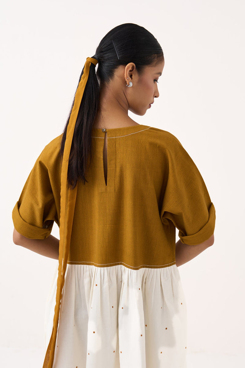 Yoke Gather Polka Dress-Honey Mustard handwoven cotton dress by THREE in honey mustard for women in Singapore