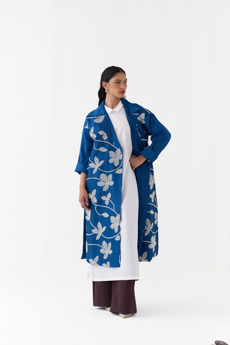 Floral All Over Emb. Overlay-Cobalt Blue chanderi jacket/overlay by THREE in blue for women in Singapore