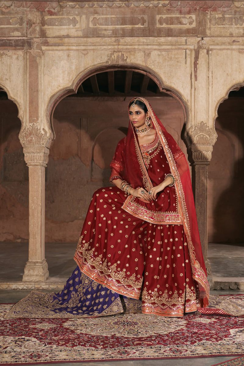 SAMREEN - DEEP RED SHORT KURTA WITH SHARARA AND DUPATTA silk chanderi kurta/kurta set by SHEETAL BATRA in red for women in Singapore