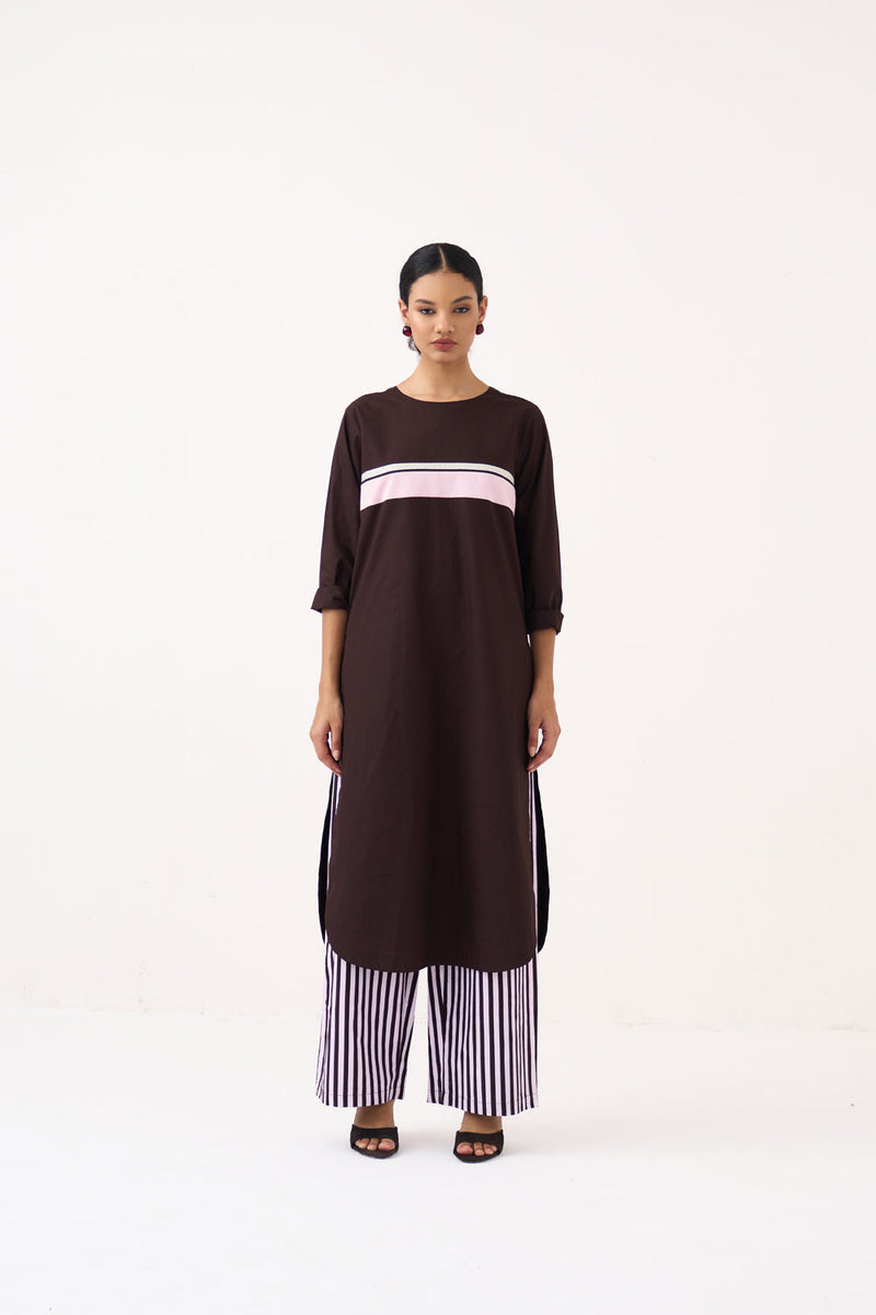Emb. Patch Asymmetric Hem Shirt Co-Ord-White, Cocoa Brown & Petal Pink 100% cotton poplin co-ord set by THREE in white for women in Singapore