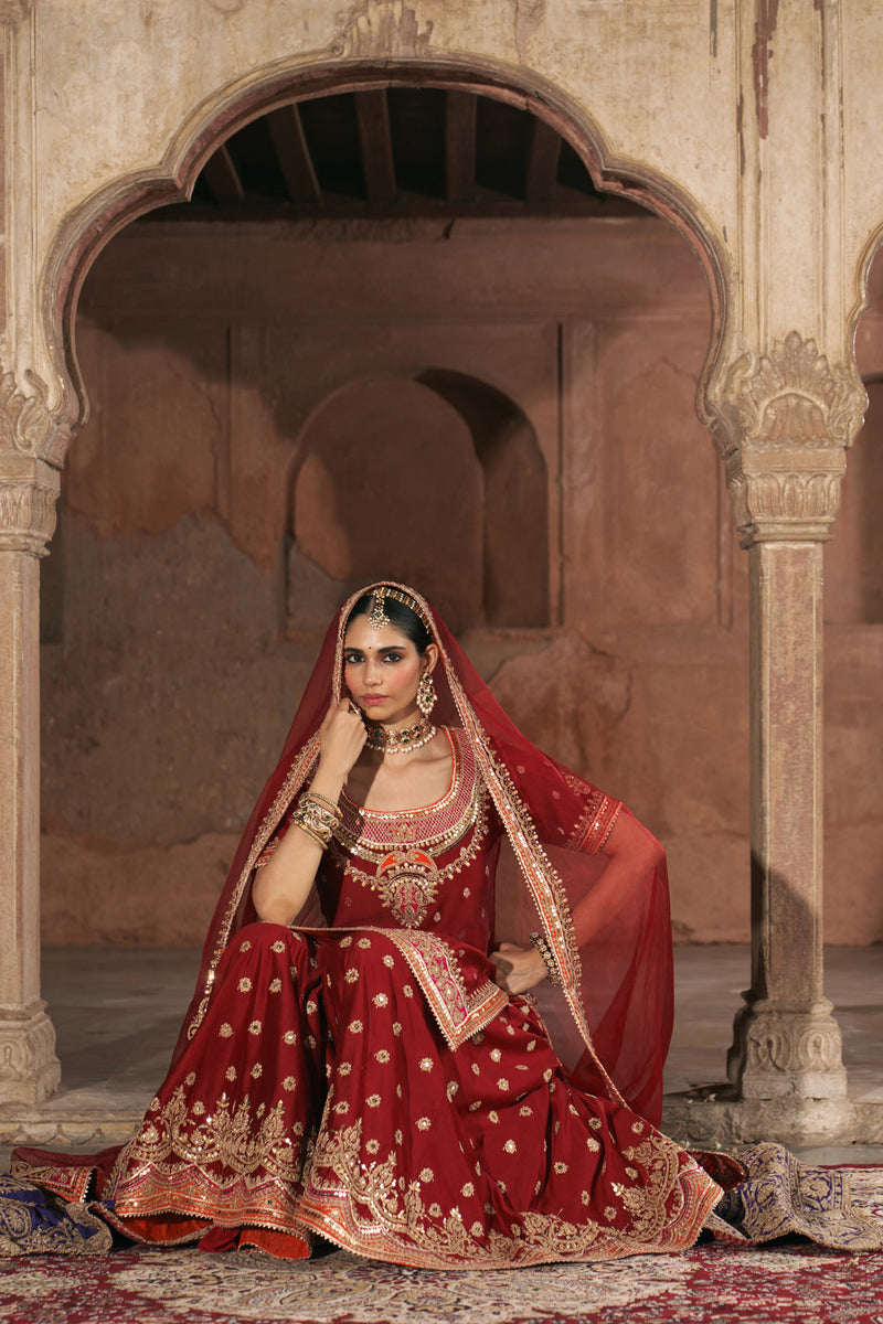SAMREEN - DEEP RED SHORT KURTA WITH SHARARA AND DUPATTA silk chanderi kurta/kurta set by SHEETAL BATRA in red for women in Singapore