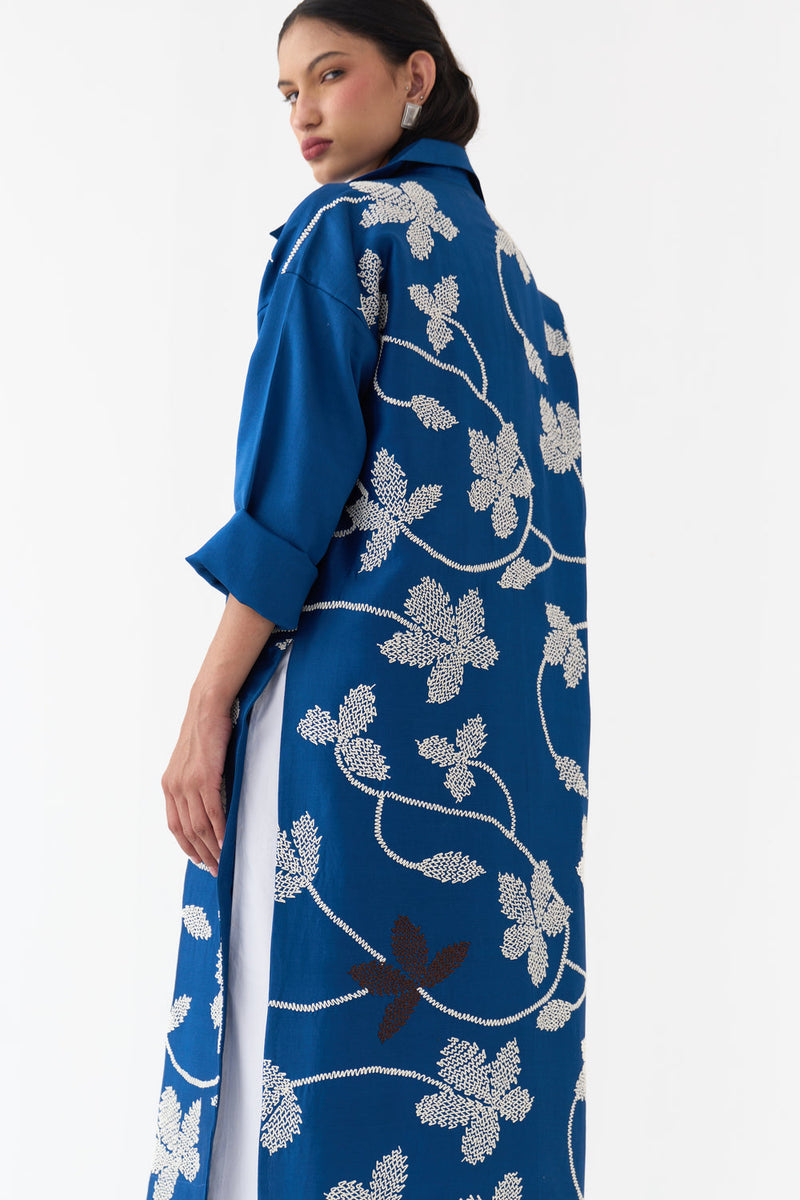 Floral All Over Emb. Overlay Co-Ord-Cobalt Blue chanderi, poplin co-ord set by THREE in blue for women in Singapore