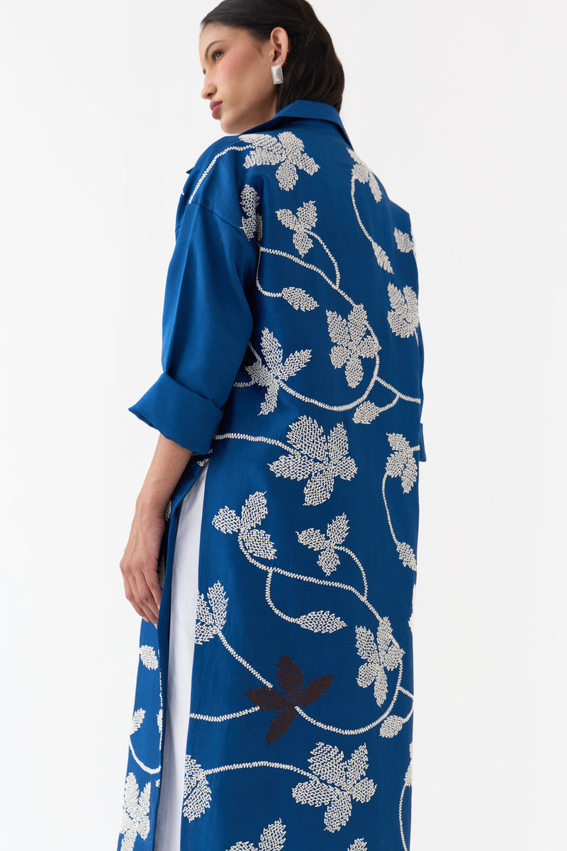 Floral All Over Emb. Overlay Co-Ord-Cobalt Blue chanderi, poplin co-ord set by THREE in blue for women in Singapore