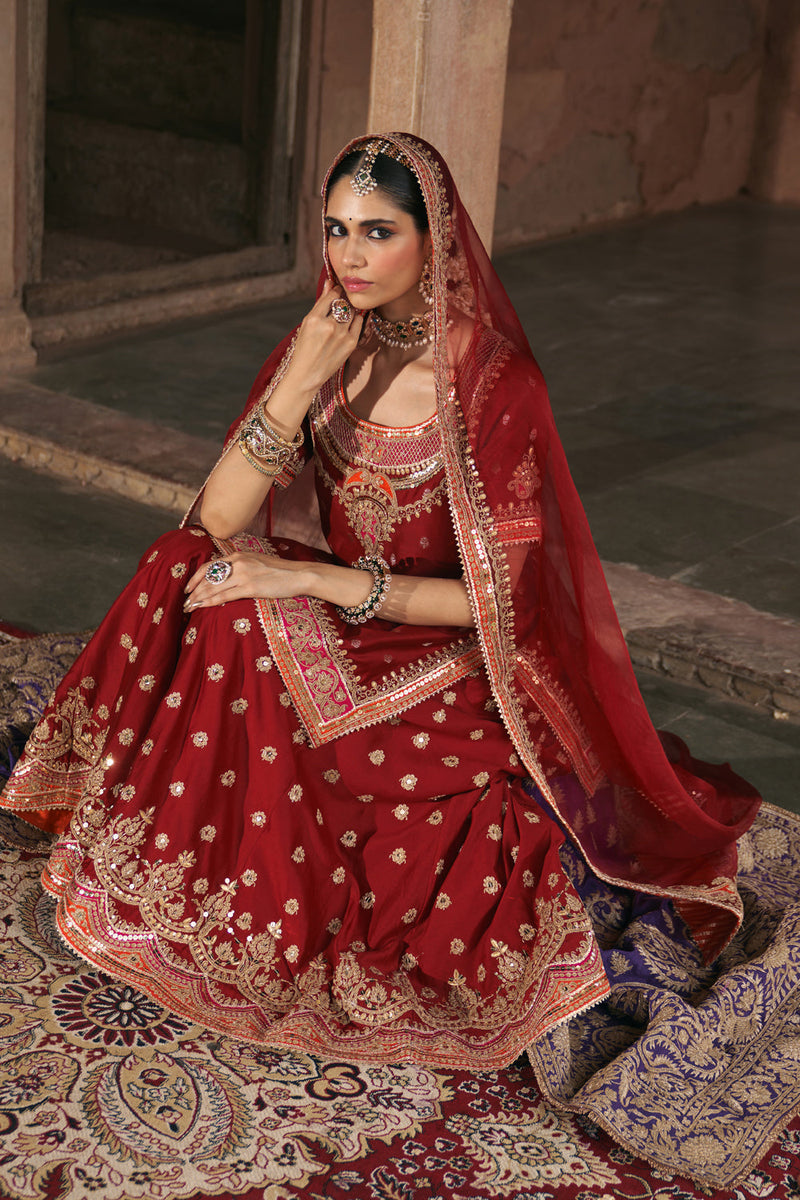 SAMREEN - DEEP RED SHORT KURTA WITH SHARARA AND DUPATTA silk chanderi kurta/kurta set by SHEETAL BATRA in red for women in Singapore