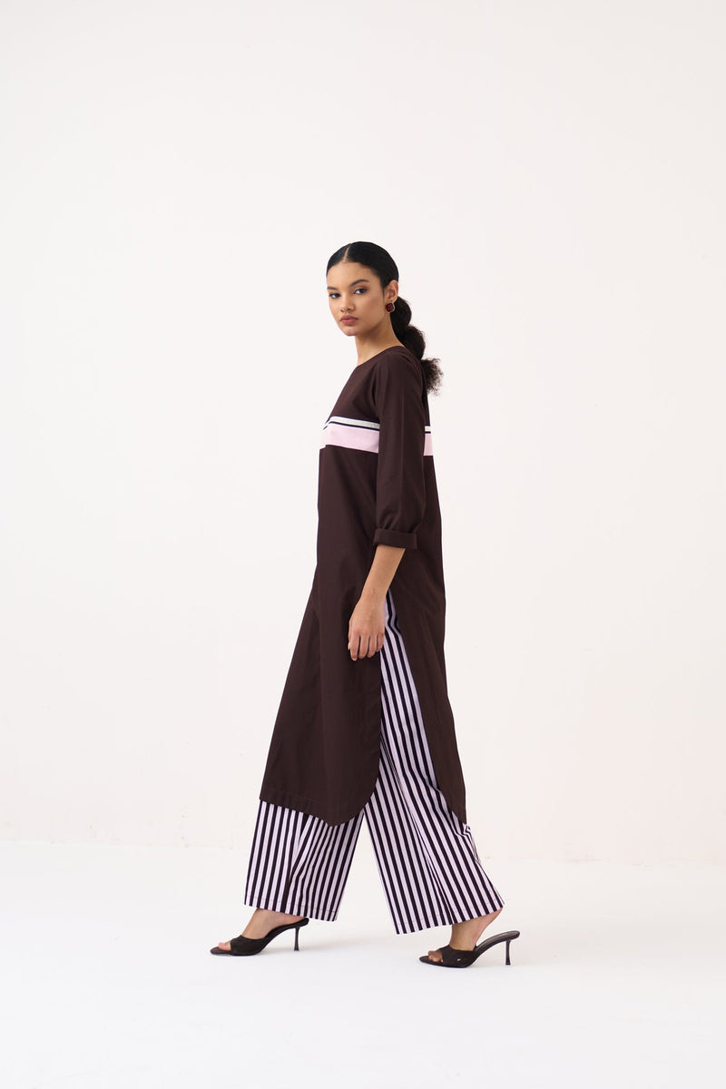 Emb. Patch Asymmetric Hem Shirt Co-Ord-White, Cocoa Brown & Petal Pink 100% cotton poplin co-ord set by THREE in white for women in Singapore