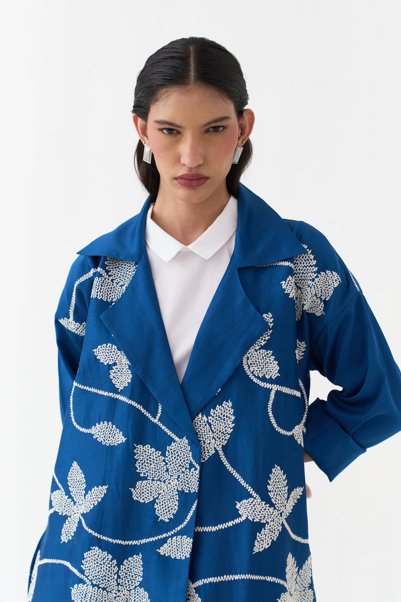 Floral All Over Emb. Overlay Co-Ord-Cobalt Blue chanderi, poplin co-ord set by THREE in blue for women in Singapore