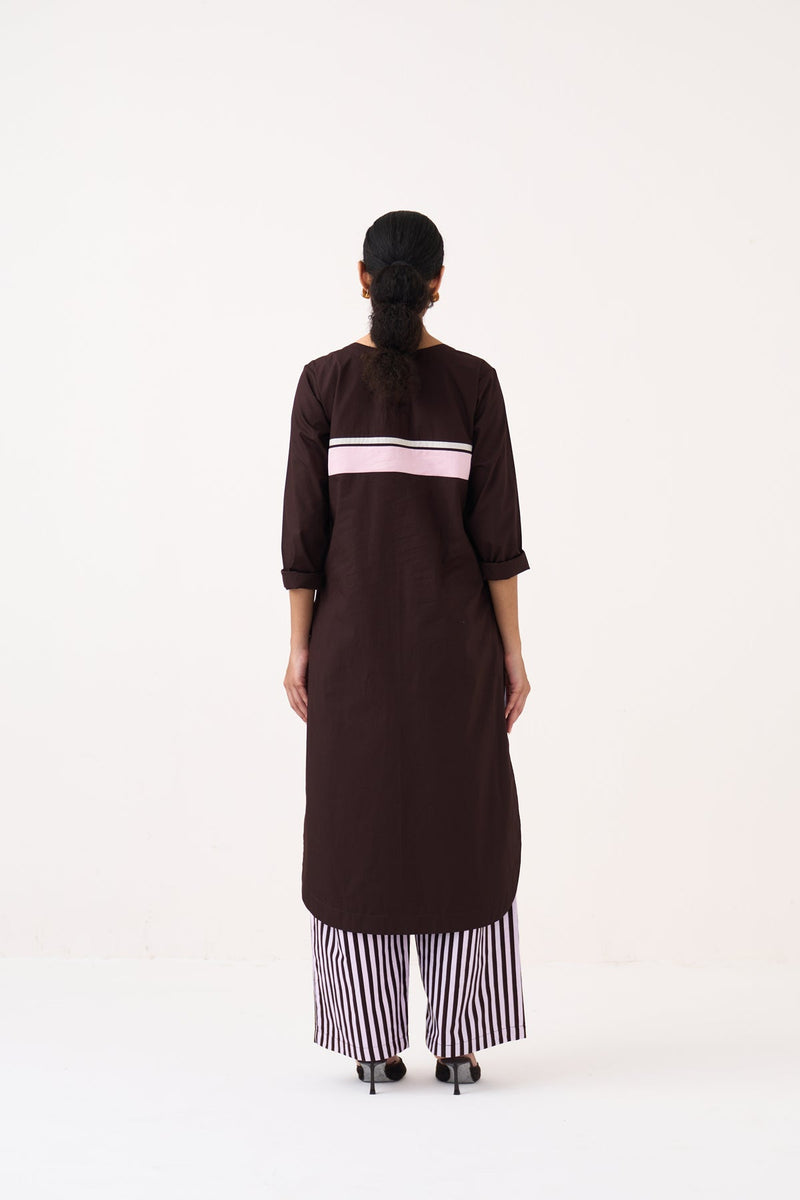 Emb. Patch Asymmetric Hem Shirt Co-Ord-White, Cocoa Brown & Petal Pink 100% cotton poplin co-ord set by THREE in white for women in Singapore