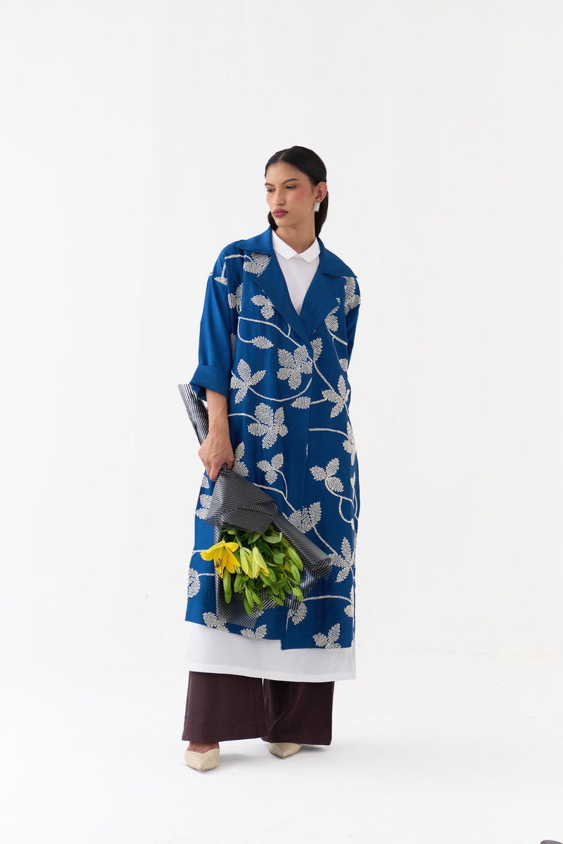 Floral All Over Emb. Overlay-Cobalt Blue chanderi jacket/overlay by THREE in blue for women in Singapore