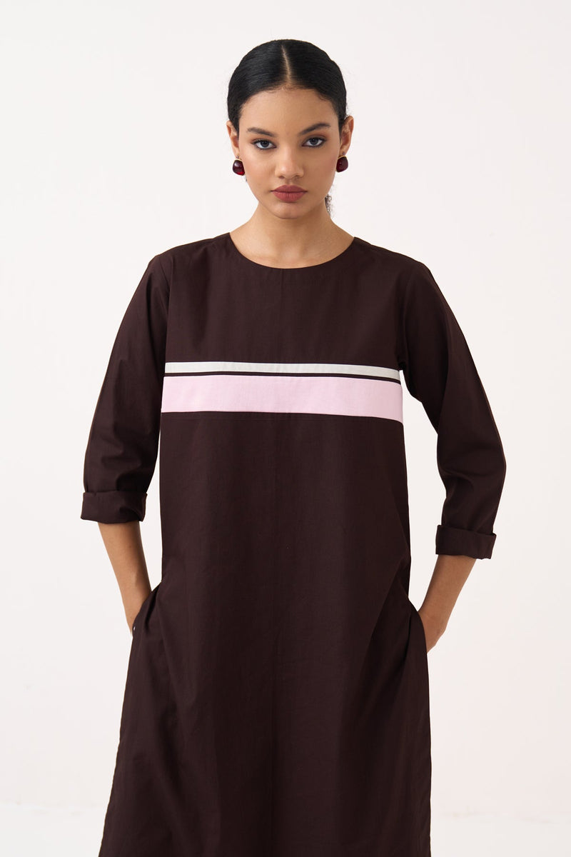 Emb. Patch Asymmetric Hem Shirt Co-Ord-White, Cocoa Brown & Petal Pink 100% cotton poplin co-ord set by THREE in white for women in Singapore