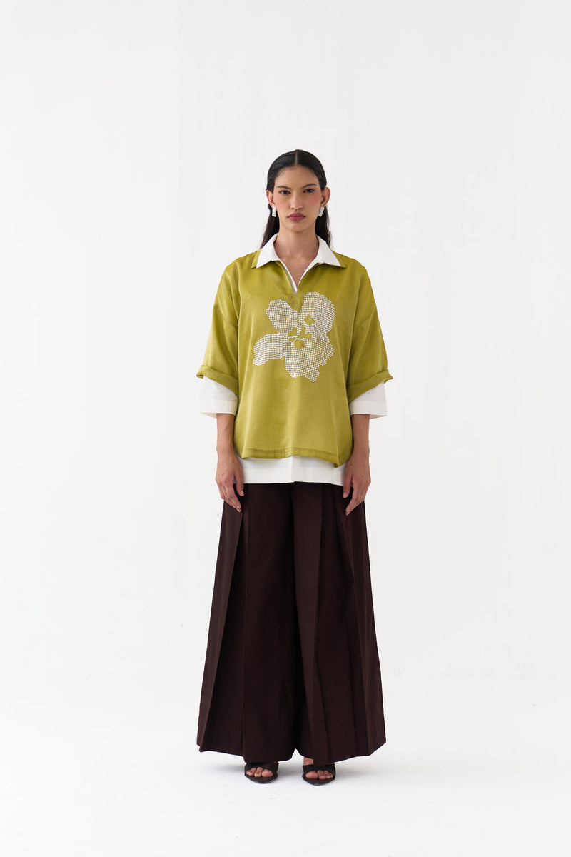 Emb. V Neck Top Co-Ord (Set Of 3)-Electric Lime tissue, poplin co-ord set by THREE in yellow for women in Singapore