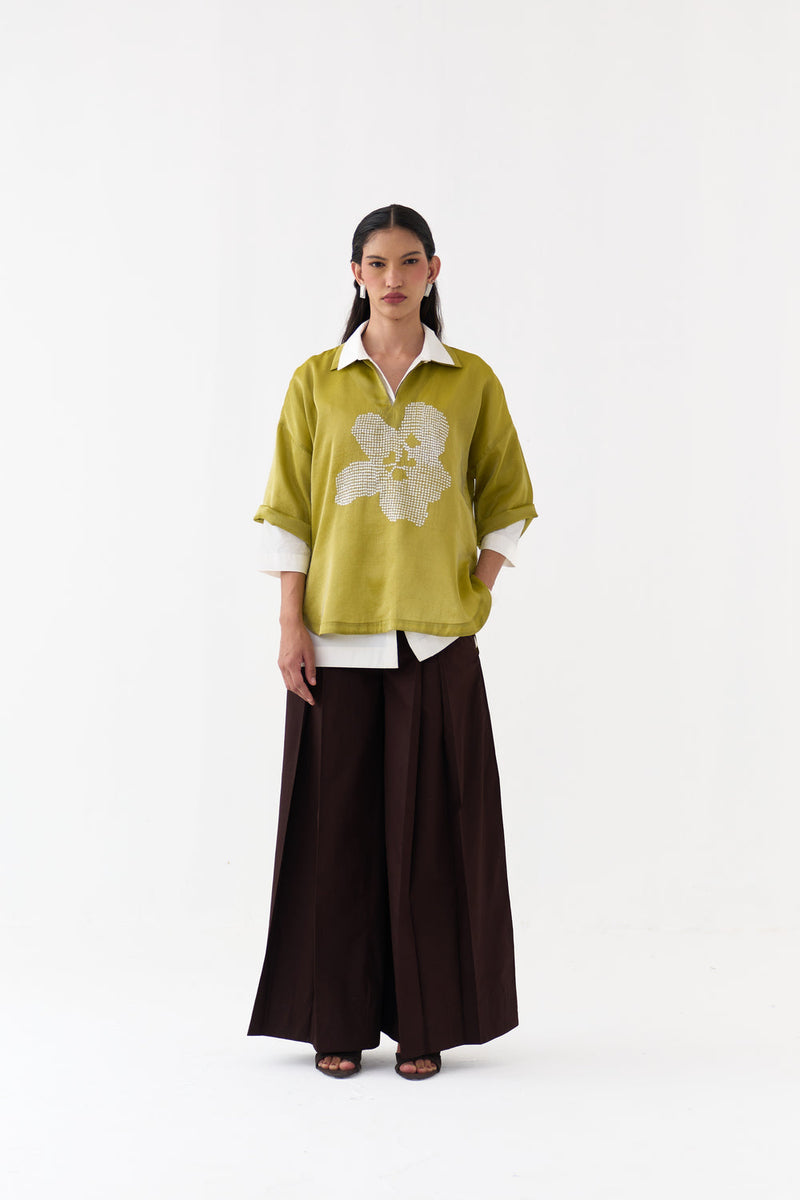 Emb. V Neck Top (Set Of 2)-Electric Lime metallic tissue top/shirt by THREE in yellow for women in Singapore