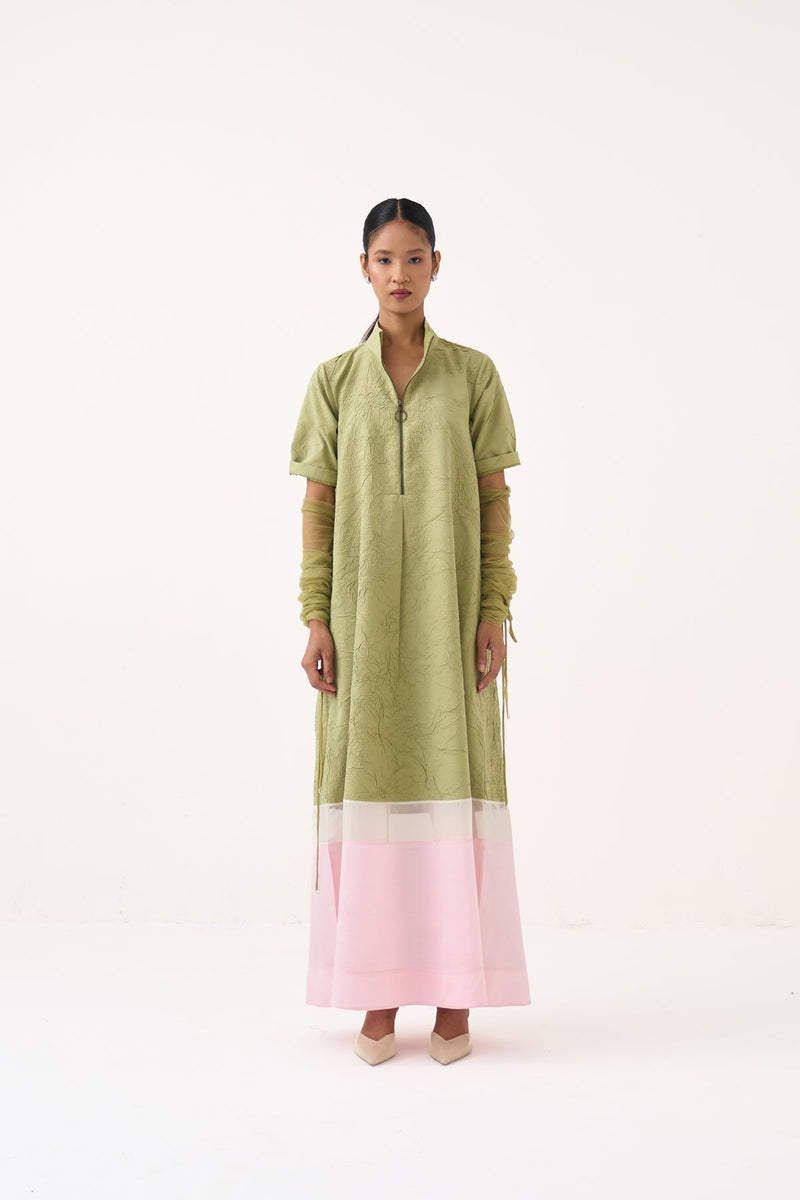 Turtle Neck Dress-Soft Moss crushed mul dress by THREE in soft moss for women in Singapore