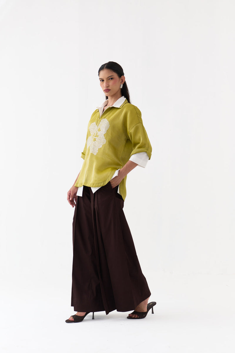 Emb. V Neck Top Co-Ord (Set Of 3)-Electric Lime tissue, poplin co-ord set by THREE in yellow for women in Singapore