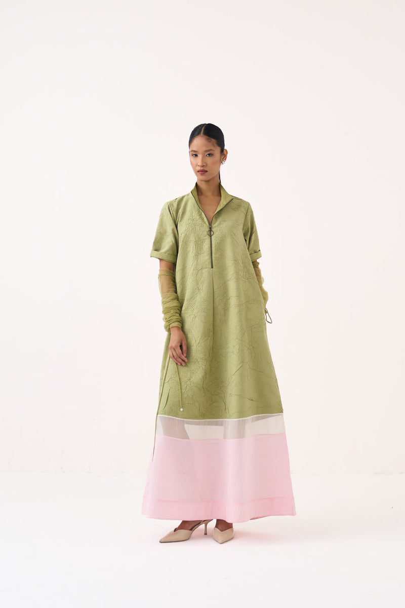 Turtle Neck Dress-Soft Moss crushed mul dress by THREE in soft moss for women in Singapore