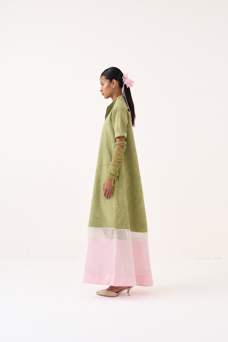 Turtle Neck Dress-Soft Moss crushed mul dress by THREE in soft moss for women in Singapore