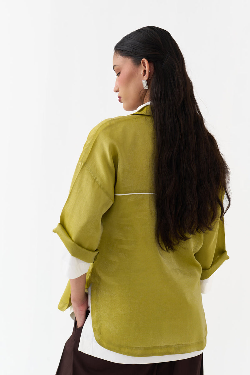 Emb. V Neck Top (Set Of 2)-Electric Lime metallic tissue top/shirt by THREE in yellow for women in Singapore