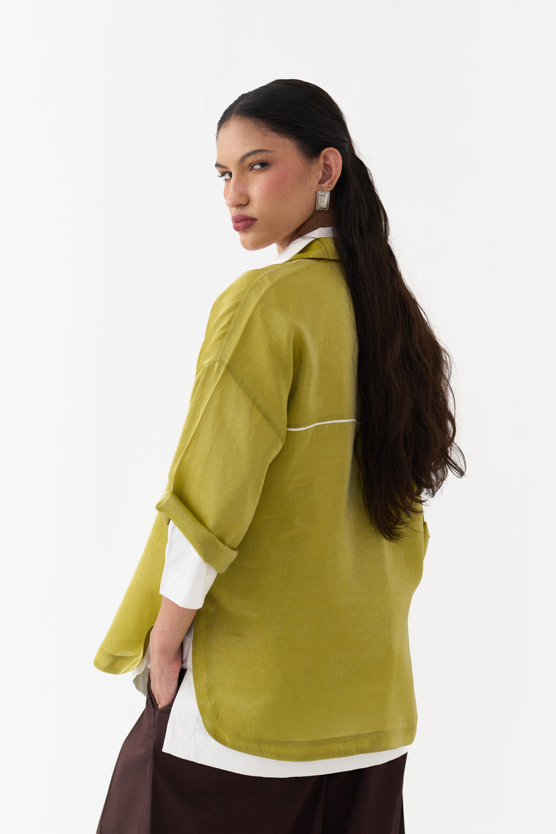 Emb. V Neck Top Co-Ord (Set Of 3)-Electric Lime tissue, poplin co-ord set by THREE in yellow for women in Singapore