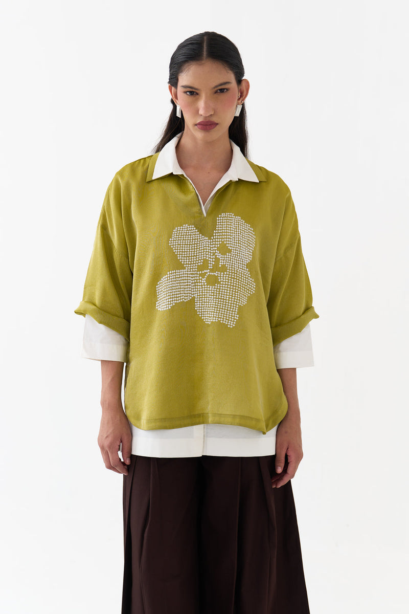 Emb. V Neck Top (Set Of 2)-Electric Lime metallic tissue top/shirt by THREE in yellow for women in Singapore
