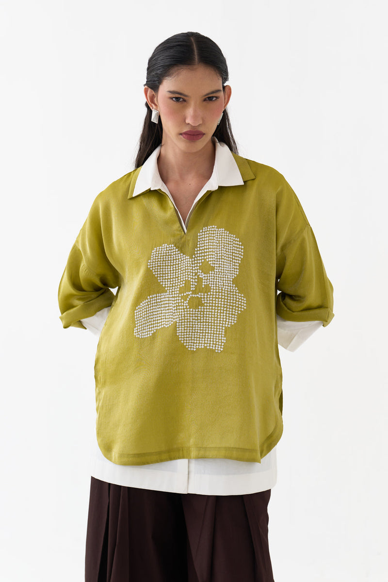 Emb. V Neck Top (Set Of 2)-Electric Lime metallic tissue top/shirt by THREE in yellow for women in Singapore