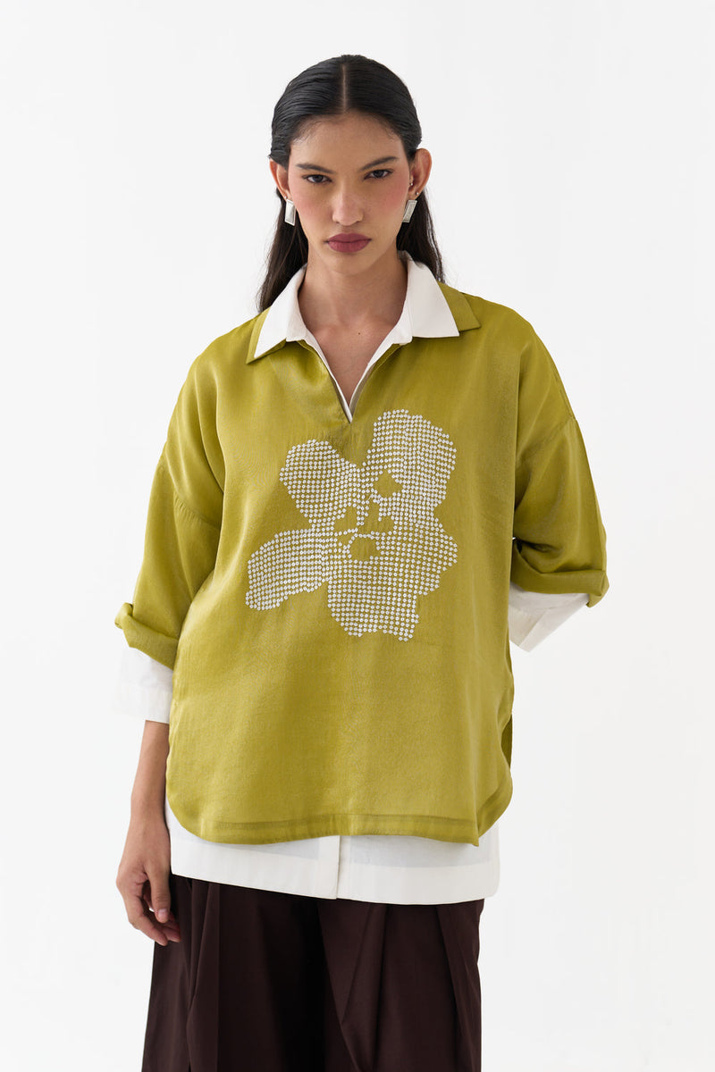 Emb. V Neck Top (Set Of 2)-Electric Lime metallic tissue top/shirt by THREE in yellow for women in Singapore