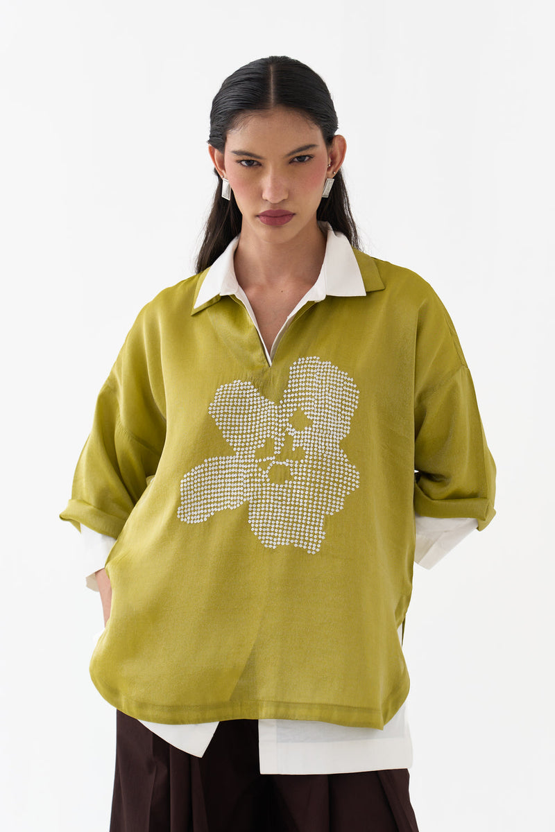 Emb. V Neck Top Co-Ord (Set Of 3)-Electric Lime tissue, poplin co-ord set by THREE in yellow for women in Singapore